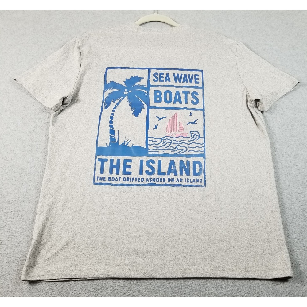 T-Shirt Men's XL Gray Blue‎ Sea Wave Boats The Island Graphic Short Sleeve Tee